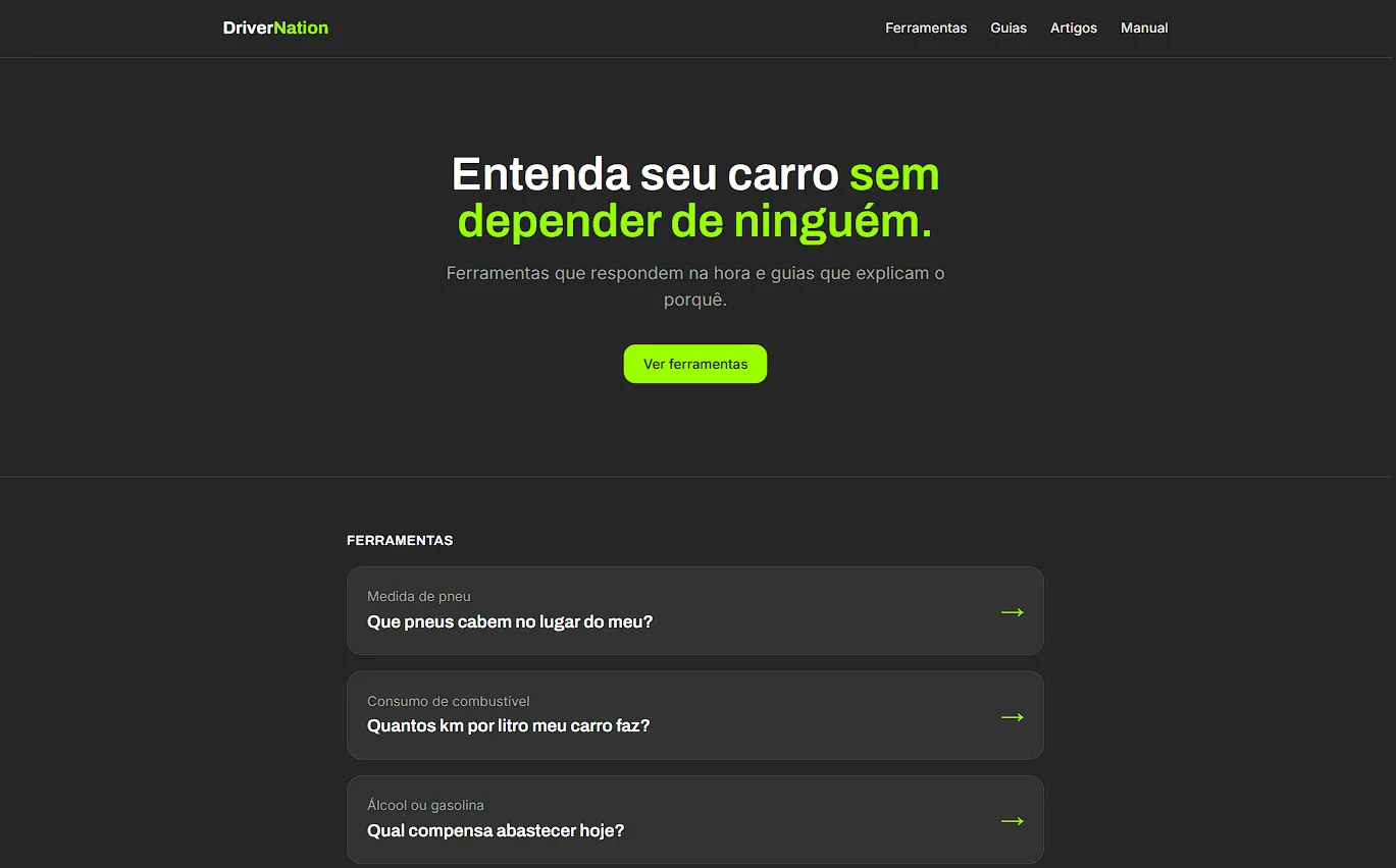 Página inicial do DriverNation, com as ferramentas de pneu, consumo e álcool ou gasolina